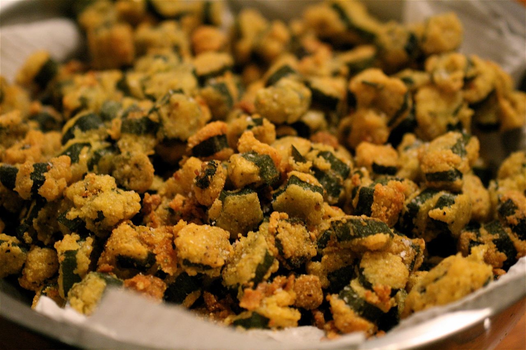 Perpendicular sliced disks of fried okra dish