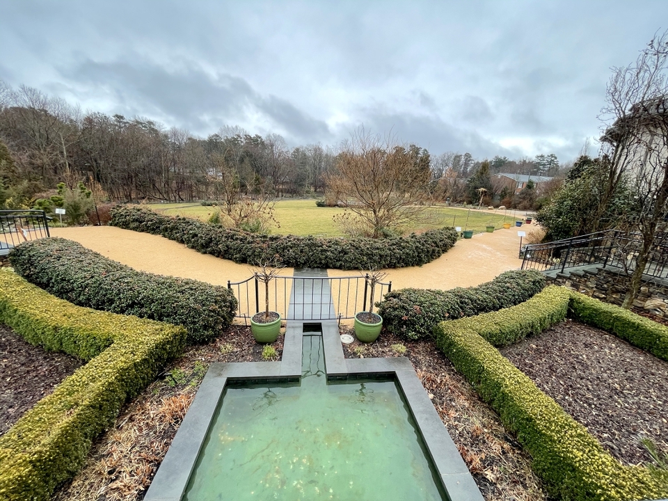 Formal terrace and fountain inwinter.