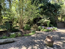 Southwestern Garden Patio with a petrified wood bench