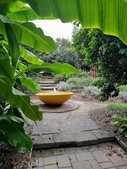 Shallow steps leading down to a yellow bowl water fountain.