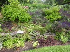 Rock wall at the back of a small lawn area frames the space.