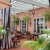A patio dining area with large pots of feather-leaf palms