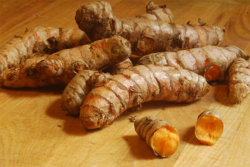 Rhizomes on a table; one is cut to show orange interior.